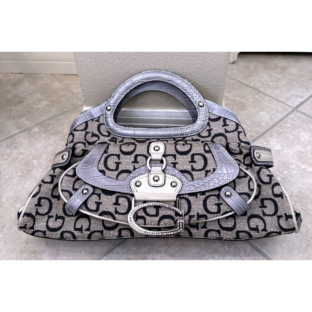 Guess Monogram Canvas Satchel Bag Silver Croc Trim Rhinestone G Logo Handbag
